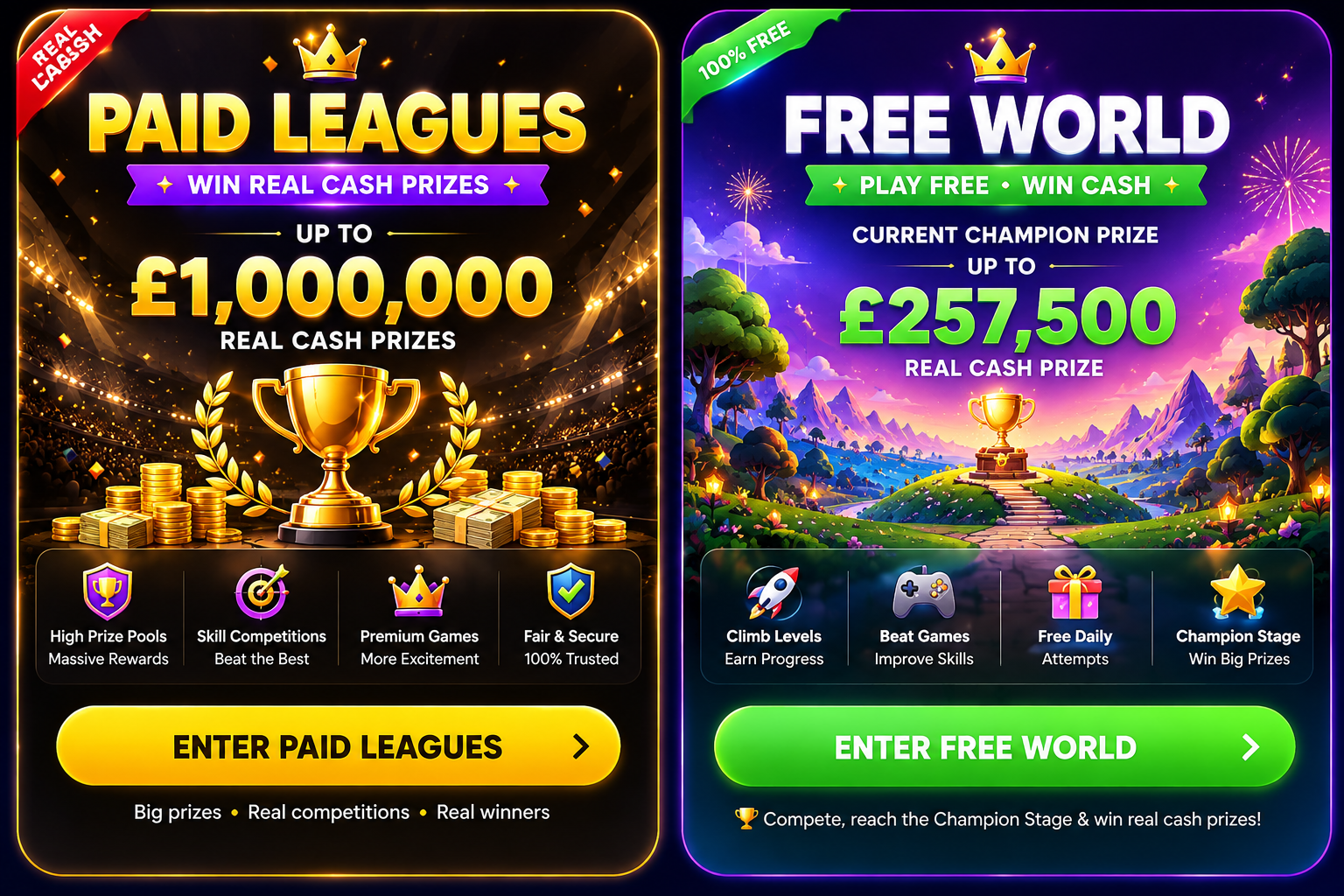 Choose between Prize League Paid Leagues and Free World